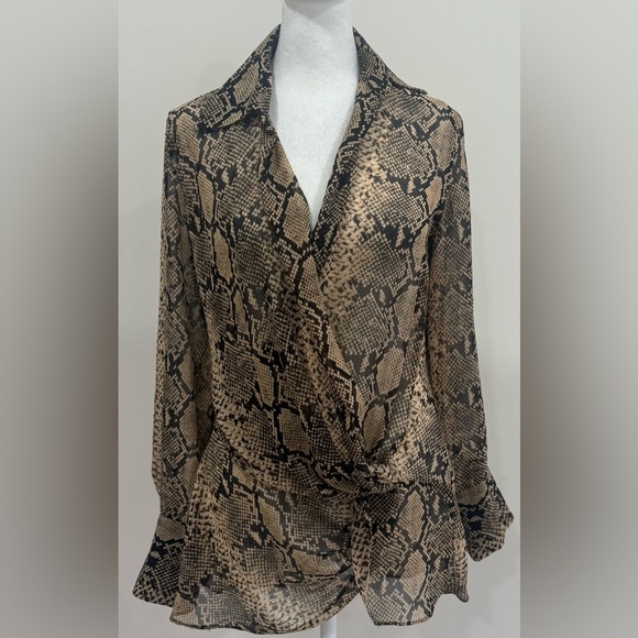 Zara Women's Semi Sheer Snake Print Long Sleeve Cross-Front Blouse Size Medium - Picture 1 of 7